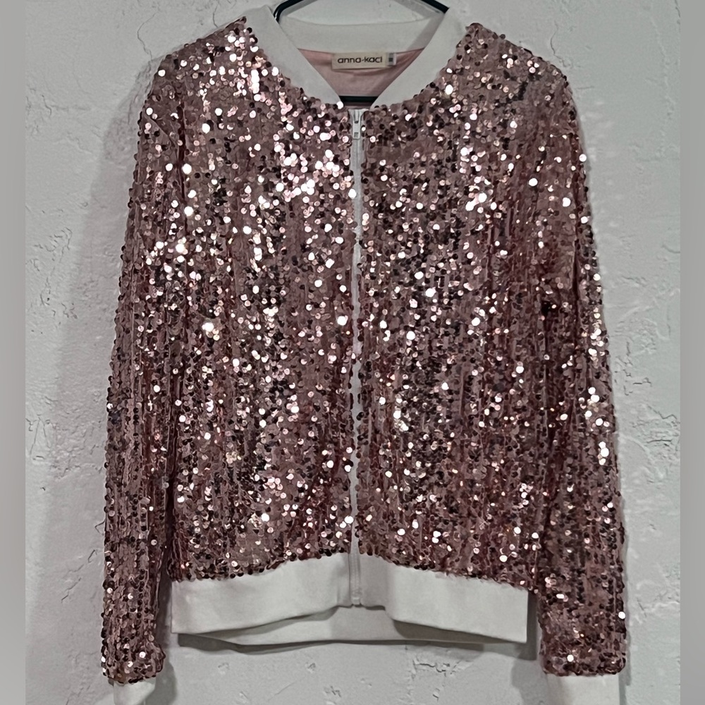 Womens Blush Rose Gold Pink Sequin Jacket size Medium